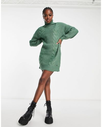 Noisy May Roll Neck Cable Knit Mini Jumper Dress - Green