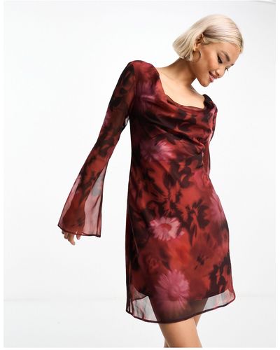 ASOS Cowl Neck Flute Sleeve Chiffon Mini Dress - Red
