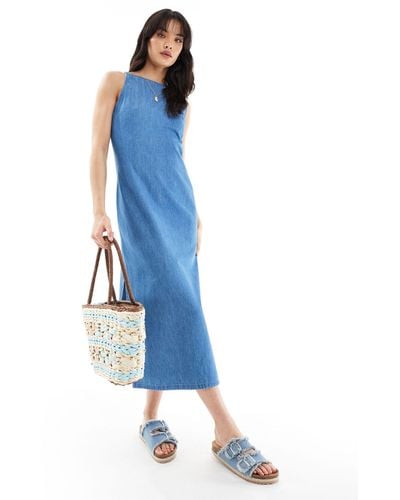 ASOS Soft Denim Midi Dress With Boat Neck And Side Split - Blue