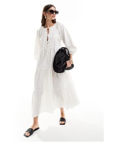& Other Stories Midaxi Smock Dress With Bow Bodice Detail And Volume Sleeves - White