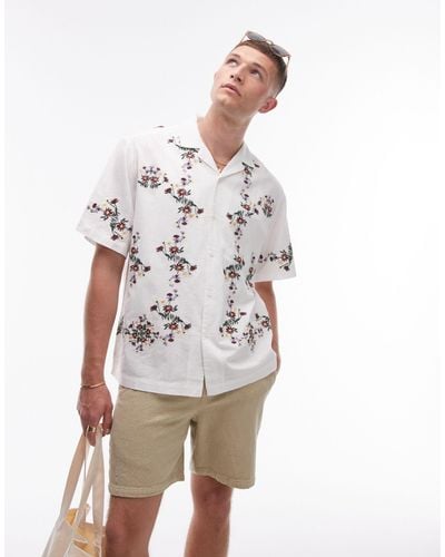 TOPMAN Short Sleeve Relaxed Embroidered Floral Shirt - White
