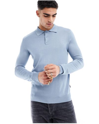 Only & Sons Knitted Long Sleeve Polo - Blue