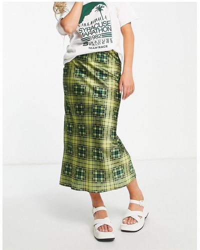 TOPSHOP Grunge Check Satin Bias Midi Skirt - Green