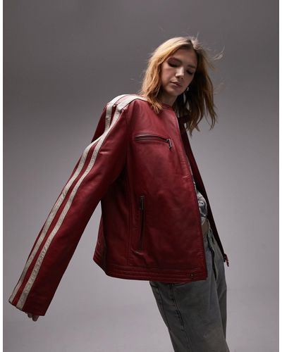 TOPSHOP Real Leather Moto Racer Jacket - Red