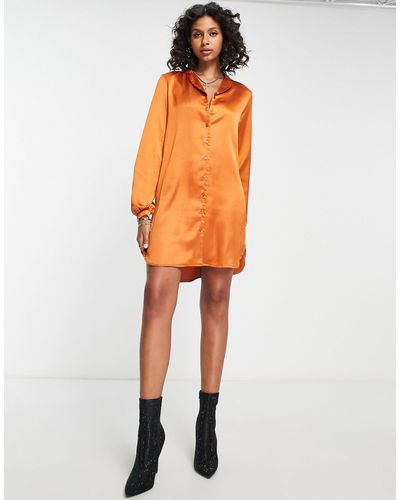 Flounce London Satin Mini Shirt Dress - Orange
