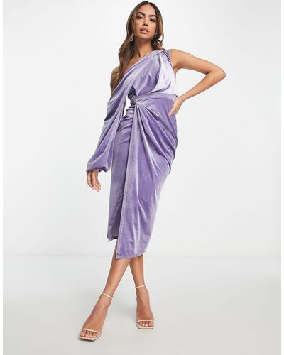 ASOS Velvet One Shoulder Draped Midi Pencil Dress - Purple