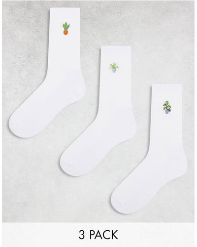 ASOS 3 Pack Socks With Houseplant Embroidery - White