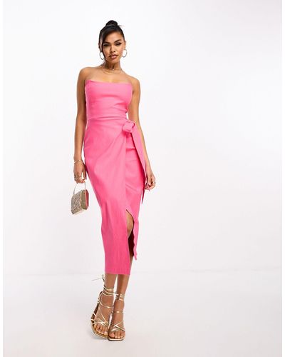 Vesper Bandeau Tie Side Tulip Skirt Midi Dress - Pink