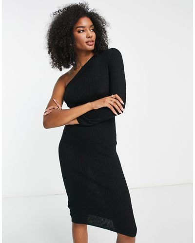 Vila One Shoulder Knitted Midi Dress - Black