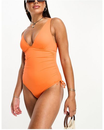 Accessorize Ruched Side Plunge Swimsuit - Orange