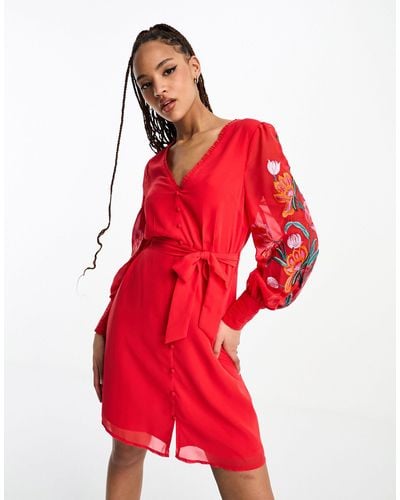 Hope & Ivy Long Sleeve Embroide Wrap Mini Dress - Red