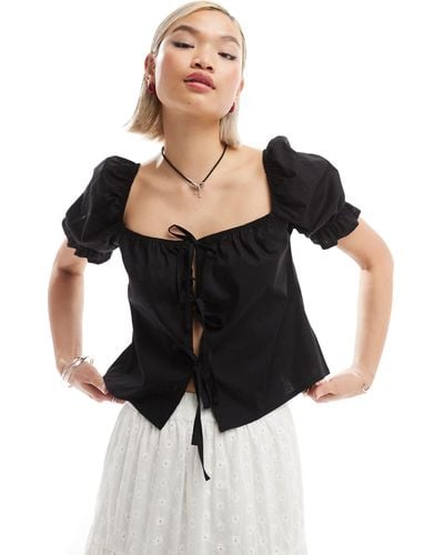 Reclaimed (vintage) Puff Sleeve Top With Tie Front - Black