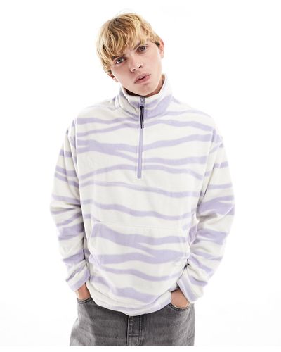 ASOS Sudadera polar extragrande con estampado integral lineal y media tapeta - Blanco