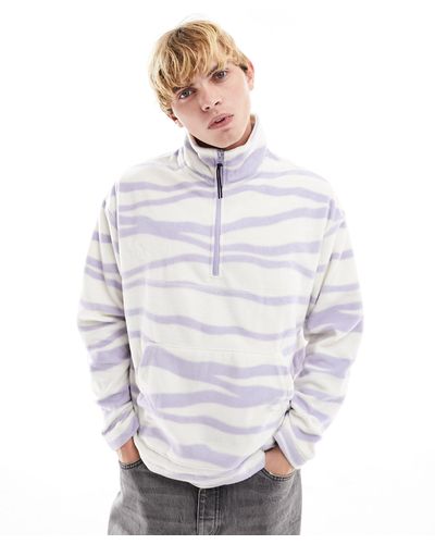 ASOS Oversized Half Snap Sweatshirt With Linear All Over Print Polar Fleece - White