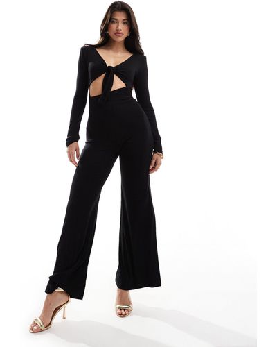 ASOS Long Sleeve Asymmetric Cut Out Jumpsuit With Tie Back - Black