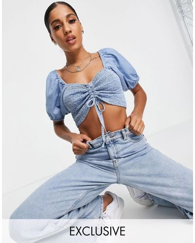 Missguided Crop Top With Ruched Front - Blue