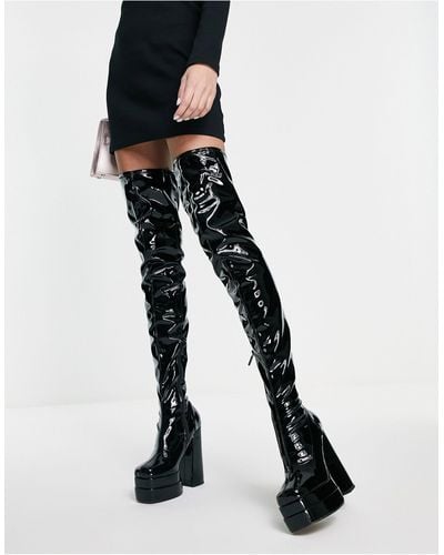 ASOS – kathleen – lackierte overknee-stiefel mit plateausohle und hohem absatz - Schwarz