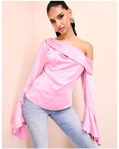 ASOS Off Shoulder Satin Draped Top With exaggerated Sleeve - Pink
