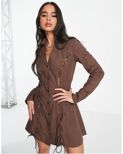 Collusion Long Sleeve Lace Up Shirt Dress - Brown