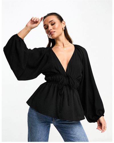 ASOS Long Sleeve V Neck Top With Kimono Sleeve And Tie Front - Black