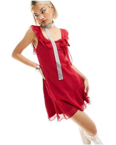 Motel Ruffle Asymmetric Mini Dress - Red