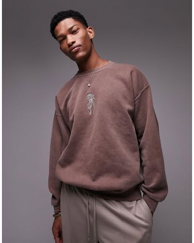 TOPMAN Oversized Fit Sweatshirt With Hand Rose Embroidery - Brown