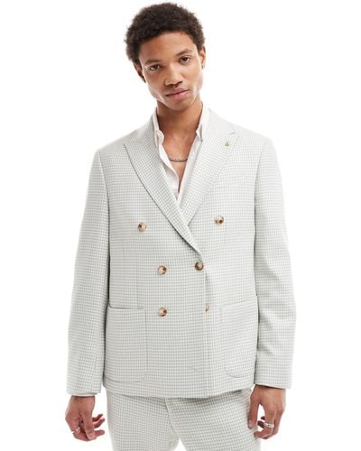 Twisted Tailor Dogstooth Double Breasted Suit Jacket - White