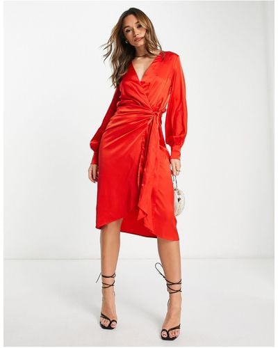 Never Fully Dressed Tie Waist Satin Midi Dress - Red