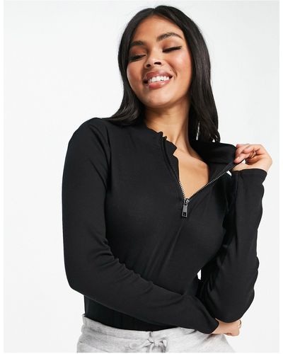 Threadbare Ribbed High Neck Half Zip Long Sleeve Bodysuit - Black