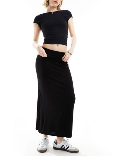 Stradivarius Str Fold Over Waist Midi Skirt With Side Split - Black
