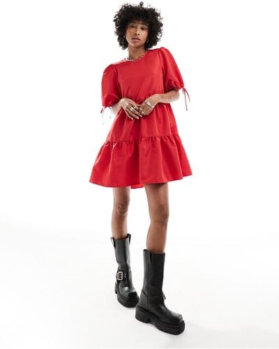 Monki Short Sleeve Mini Tie Dress With Bow Detail - Red