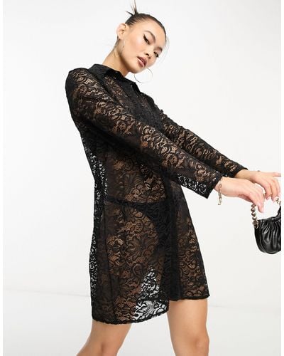 Flounce London Lace Mini Shirt Dress - Black