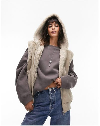 TOPSHOP Faux Suede Shearling Oversized Hooded Vest With Borg Trims - Blue