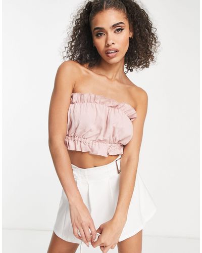 In The Style Linen Look Ruffle Crop Top - Pink