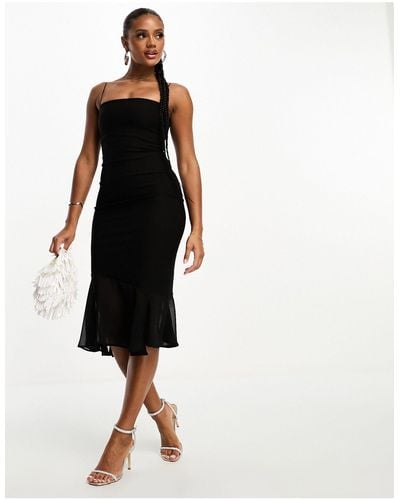 Vesper Cami Strap Midi Dress With Chiffon Detail Hem - Black