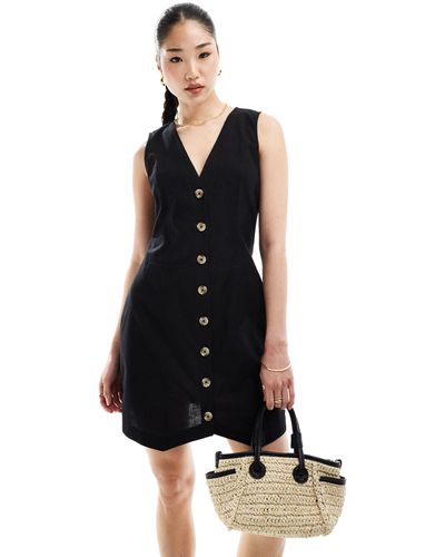 ASOS Mini Button Through Linen Waistcoat Dress - Black