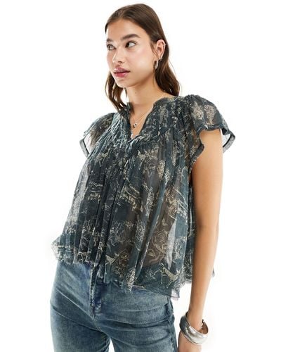 Free People Floral Print Voile Smock Blouse - Blue