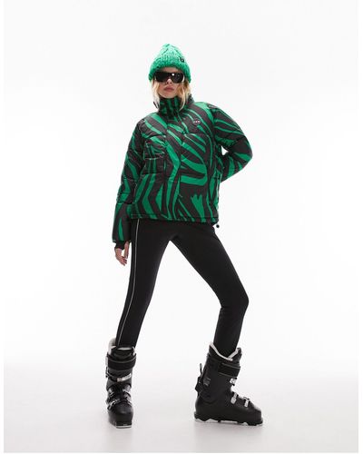 TOPSHOP Sno - giacca da sci verde con collo a imbuto e stampa zebrata