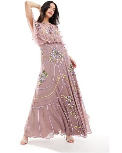 ASOS Embellished Batwing Maxi Dress With Floral Artwork - Pink