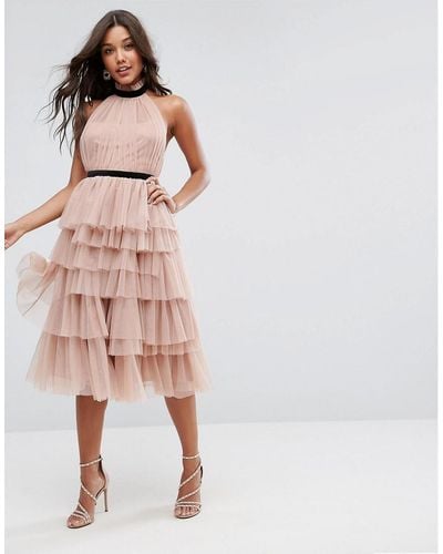 ASOS Premium High Neck Tiered Tulle Midi Prom Dress - Pink