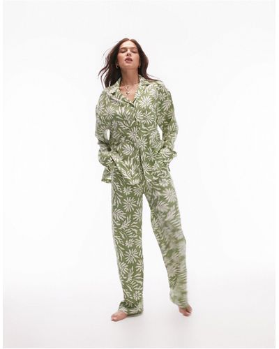 TOPSHOP Ensemble pyjama effet color block avec pantalon et chemise à imprimé fleuri - vert