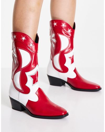 Pull&Bear Printed Stitch Detail Western Boots - Red