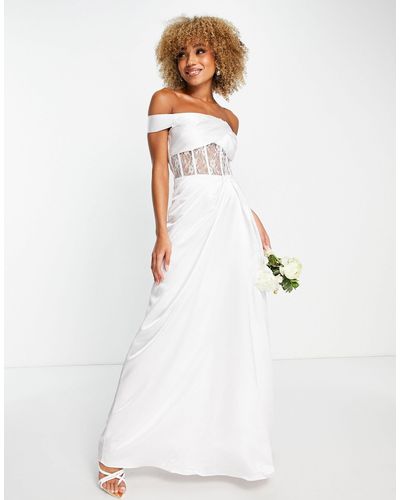 Yaura Vestito da sposa lungo con corsetto e scollo ad anello color avorio - Bianco