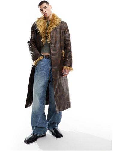 Reclaimed (vintage) Longline Leather Look Trench Coat With Faux Fur Trims - Blue