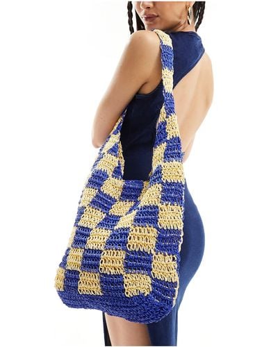 South Beach Checkerboard Crochet Tote Bag - Blue