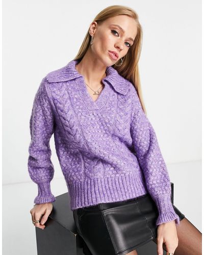 Y.A.S Cable Knit V Neck Jumper With Cuff Detail - Purple
