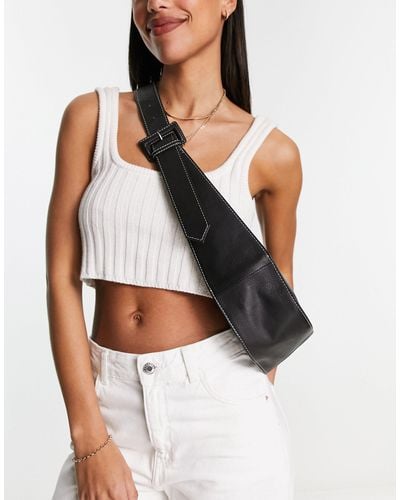 ASOS Leather Curved Base Crossbody Sling Bag With Contrast Stitch - White