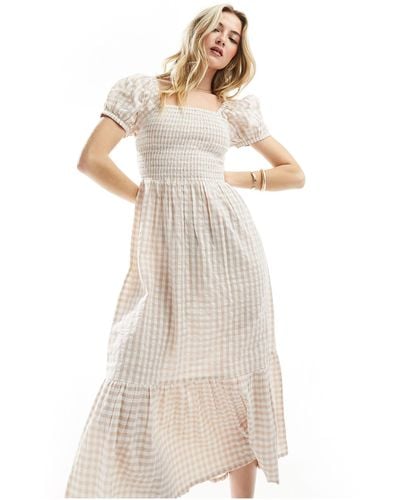 esmé studios Esmee Ruched Puff Sleeve Gingham Maxi Beach Dress - White