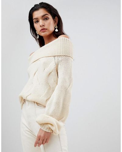 Vila Chunky Cable Knit Off Shoulder Sweater - Natural