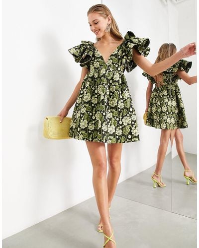 ASOS Floral Jacquard Plunge Mini Dress With Ruffle Sleeve - Green